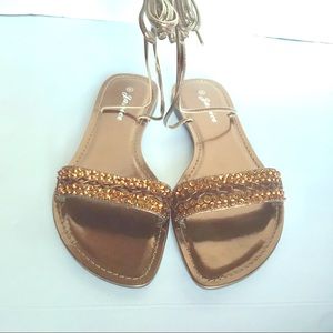 Janice Bronze Ankle Tie Up Sequins Sandals - NEW